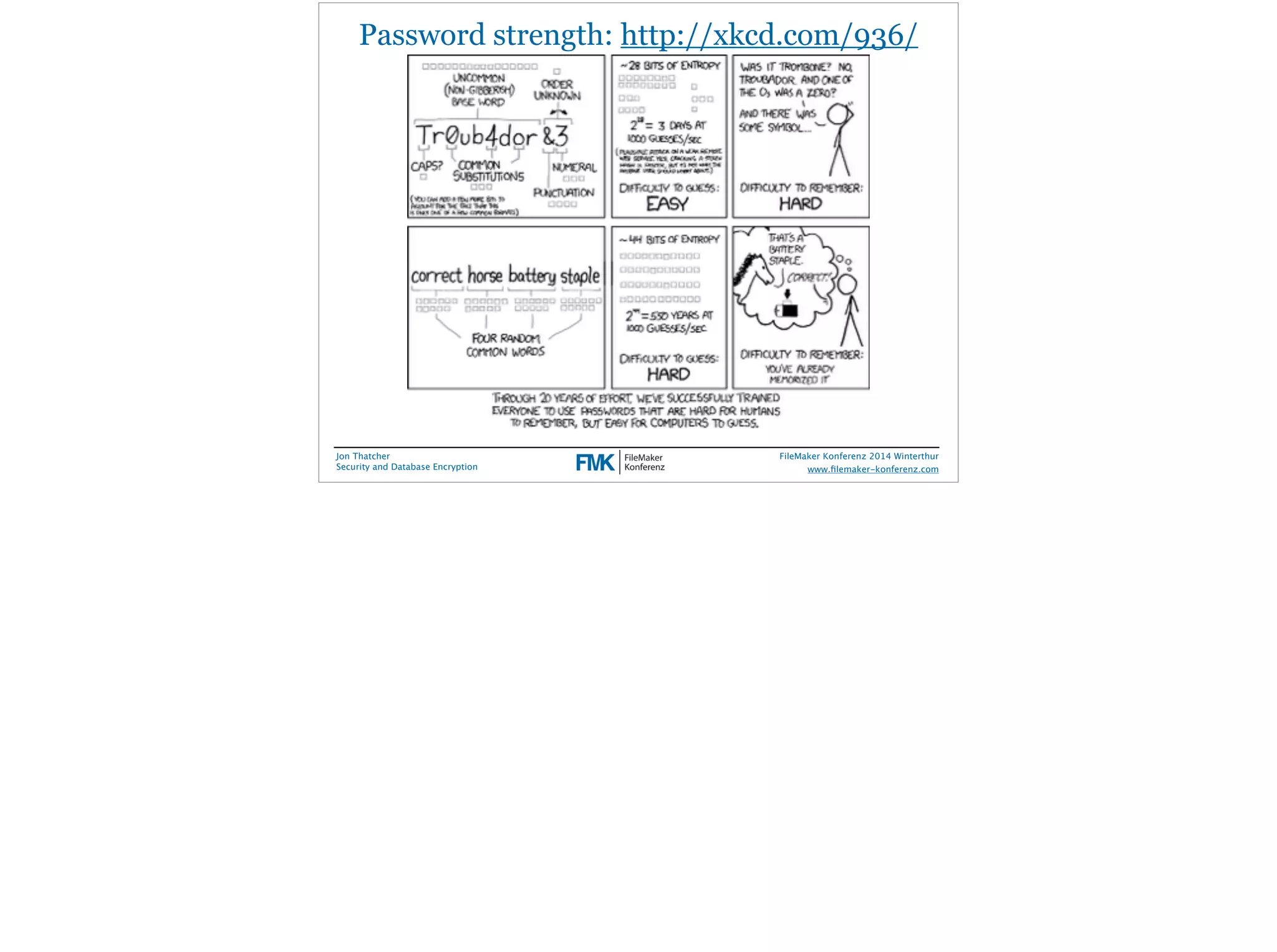 Password strength: http://xkcd.com/936/ 
Jon Thatcher 
Security and Database Encryption 
FileMaker Konferenz 2014 Winterthur 
! 
www.filemaker-konferenz.com 
 