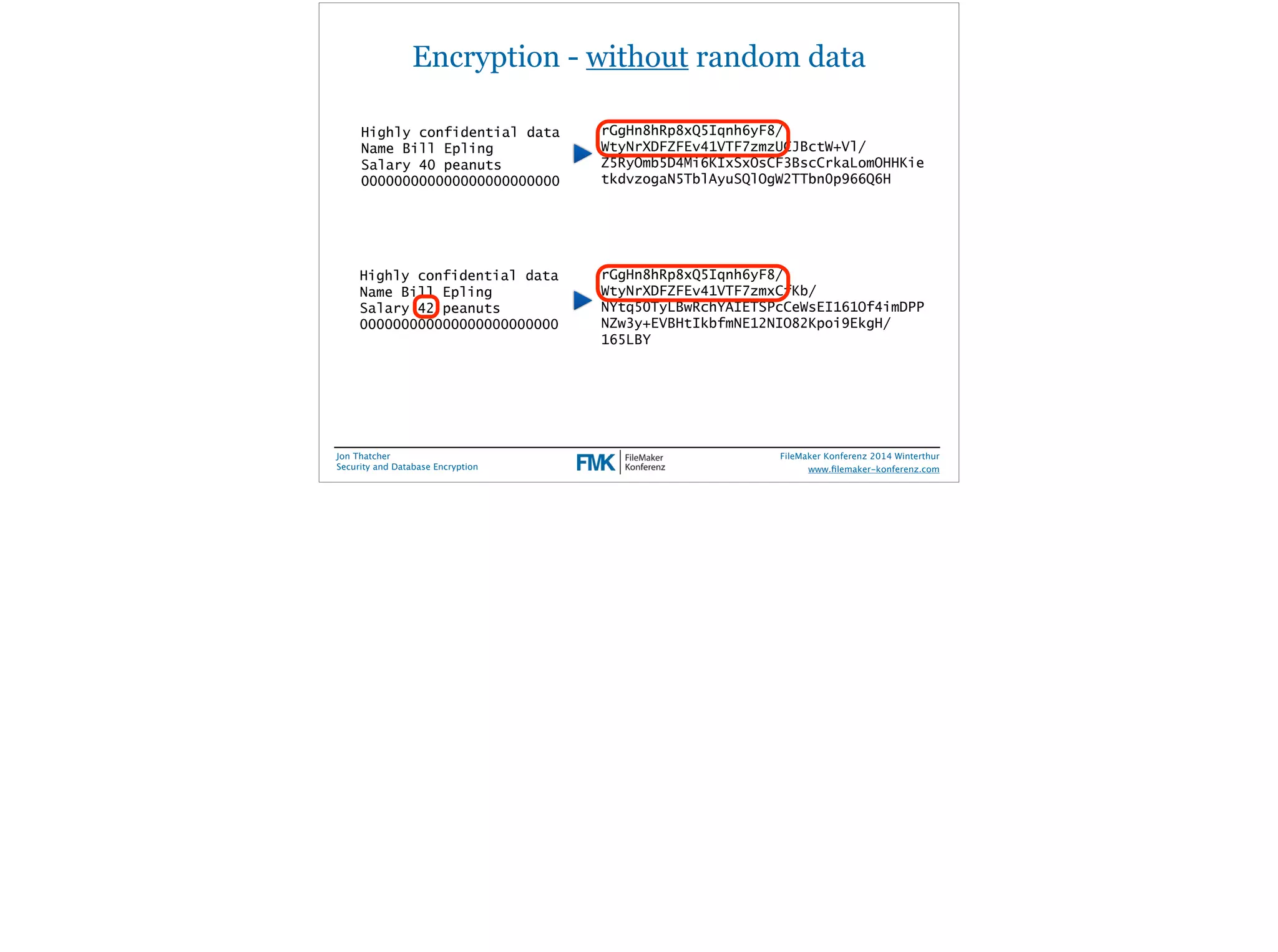 Encryption - without random data 
Highly confidential data 
Name Bill Epling 
Salary 40 peanuts 
000000000000000000000000 
Jon Thatcher 
Security and Database Encryption 
rGgHn8hRp8xQ5Iqnh6yF8/ 
WtyNrXDFZFEv41VTF7zmzUCJBctW+Vl/ 
Z5RyOmb5D4Mi6KIxSxOsCF3BscCrkaLomOHHKie 
tkdvzogaN5TblAyuSQlOgW2TTbn0p966Q6H 
FileMaker Konferenz 2014 Winterthur 
! 
www.filemaker-konferenz.com 
Highly confidential data 
Name Bill Epling 
Salary 42 peanuts 
000000000000000000000000 
rGgHn8hRp8xQ5Iqnh6yF8/ 
WtyNrXDFZFEv41VTF7zmxCfKb/ 
NYtq50TyLBwRchYAIETSPcCeWsEI161Of4imDPP 
NZw3y+EVBHtIkbfmNE12NIO82Kpoi9EkgH/ 
165LBY 
 