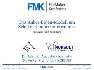 Dres. A. Augustin, V. Krambrich
Beziehungen - Mehr als Anker & Bojen
FileMaker Konferenz 2015 Hamburg
www.filemaker-konferenz.com
Das Anker-Bojen-Modell um
Selector-Connector erweitern
FileMaker kann noch mehr
Dr. Adam G. Augustin - agametis
Dr. Volker Krambrich - NORSULT
 