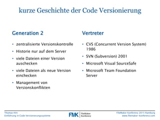 Thomas Hirt
Einführung in Codeversionierungssysteme
FileMaker Konferenz 2015 Hamburg
www.filemaker-konferenz.com
kurze Geschichte der Code Versionierung
Generation 2
• zentralisierte Versionskontrolle
• Historie nur auf dem Server
• viele Dateien einer Version
auschecken
• viele Dateien als neue Version
einchecken
• Management von
Versionskonflikten
Vertreter
• CVS (Concurrent Version System)
1986
• SVN (Subversion) 2001
• Microsoft Visual SourceSafe
• Microsoft Team Foundation
Server
 