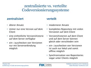 Thomas Hirt
Einführung in Codeversionierungssysteme
FileMaker Konferenz 2015 Hamburg
www.filemaker-konferenz.com
zentralis...