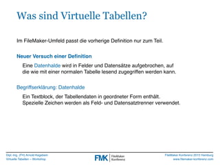 Dipl.-Ing. (FH) Arnold Kegebein
Virtuelle Tabellen – Workshop
FileMaker Konferenz 2015 Hamburg
www.ﬁlemaker-konferenz.com
...