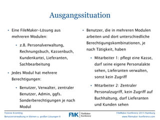 Yvonne Krümling
Benutzerverwaltung in kleinen u. großen Lösungen II
FileMaker Konferenz 2015 Hamburg
www.filemaker-konfere...