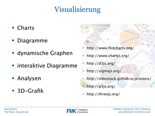Marcel Moré
The Power of JavaScript
FileMaker Konferenz 2015 Hamburg
www.ﬁlemaker-konferenz.com
Visualisierung
• Charts
• Diagramme
• dynamische Graphen
• interaktive Diagramme
• Analysen
• 3D-Graﬁk
• http://www.ﬂotcharts.org/
• http://www.chartjs.org/
• http://d3js.org/
• http://sigmajs.org/
• http://mbostock.github.io/protovis/
• http://p5js.org/
• http://threejs.org/
 