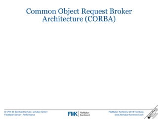 DI (FH) DI Bernhard Schulz / schubec GmbH
FileMaker Server - Performance
FileMaker Konferenz 2015 Hamburg
www.filemaker-konferenz.com
Common Object Request Broker
Architecture (CORBA)
 