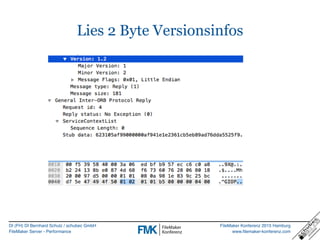 DI (FH) DI Bernhard Schulz / schubec GmbH
FileMaker Server - Performance
FileMaker Konferenz 2015 Hamburg
www.filemaker-konferenz.com
Lies 2 Byte Versionsinfos
 