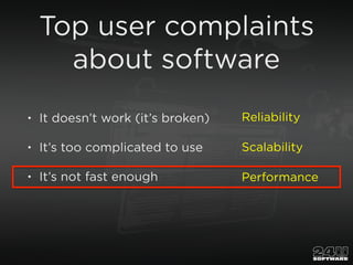 Top user complaints
about software
• It doesn’t work (it’s broken)
• It’s too complicated to use
• It’s not fast enough
Re...