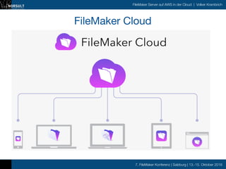 7. FileMaker Konferenz | Salzburg | 13.-15. Oktober 2016
FileMaker Server auf AWS in der Cloud | Volker Krambrich
FileMaker Cloud

 
