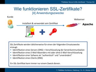 7. FileMaker Konferenz | Salzburg | 13.-15. Oktober 2016
"FileMaker Server & SSL-Zertifikate", Thomas Hirt
Wie funktionieren SSL-Zertifikate?
[4] Anwendungszwecke
Kunde
installiert	&	verwendet	sein	Zertifikat
Webserver
SSL	Zertifikate	werden	üblicherweise	für	einen	der	folgenden	Einsatzzwecke	
erzeugt:
• Identifikation	eines	Servers	(DNS)	+	Verschlüsselung	der	Serverkommunikation
• Identifikation	eines	E-Mail-Absenders	mit	oder	ohne	E-Mail-Verschlüsselung
• Identifikation	einer	Sofware als	"authentisch"	und	"unverändert"
• Identifikation	eines	Clients	(DNS)
Ein	SSL-Zertifikat	kann	immer	nur	einem	Zweck	dienen.
 
