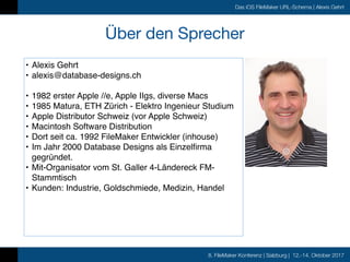 8. FileMaker Konferenz | Salzburg | 12.-14. Oktober 2017
Das iOS FileMaker URL-Schema | Alexis Gehrt
Über den Sprecher
• A...