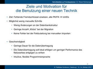 8. FileMaker Konferenz | Salzburg | 12.-14. Oktober 2017
Schnittstellen zu Fremdsystemen: Dr. Robert Rohrkemper
Datenmanip...