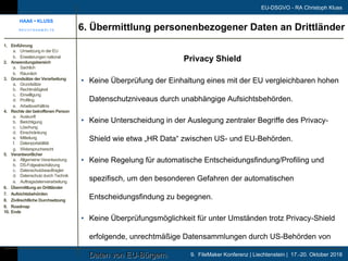 9. FileMaker Konferenz | Liechtenstein | 17.-20. Oktober 2018
EU-DSGVO - RA Christoph Kluss
Privacy Shield
• Keine Überprü...