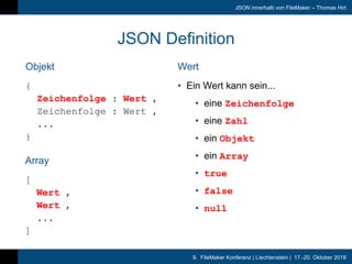 9. FileMaker Konferenz | Liechtenstein | 17.-20. Oktober 2018
JSON innerhalb von FileMaker – Thomas Hirt
Objekt
JSON Defin...