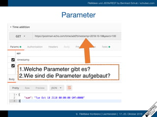 FileMaker und JSON/REST by Bernhard Schulz / schubec.com
9. FileMaker Konferenz | Liechtenstein | 17.-20. Oktober 2018
Parameter
1.Welche Parameter gibt es?
2.Wie sind die Parameter aufgebaut?
 