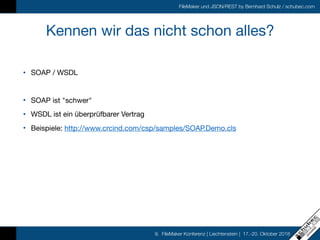 FileMaker und JSON/REST by Bernhard Schulz / schubec.com
9. FileMaker Konferenz | Liechtenstein | 17.-20. Oktober 2018
Kennen wir das nicht schon alles?
• SOAP / WSDL

• SOAP ist "schwer"

• WSDL ist ein überprüfbarer Vertrag

• Beispiele: http://www.crcind.com/csp/samples/SOAP.Demo.cls

 