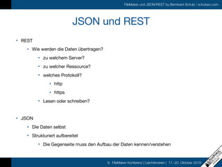 FileMaker und JSON/REST by Bernhard Schulz / schubec.com
9. FileMaker Konferenz | Liechtenstein | 17.-20. Oktober 2018
JSO...