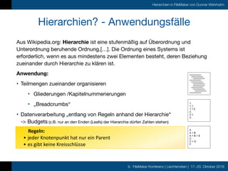 9. FileMaker Konferenz | Liechtenstein | 17.-20. Oktober 2018
Hierarchien in FileMaker von Gunnar Wehrhahn
Hierarchien? - ...