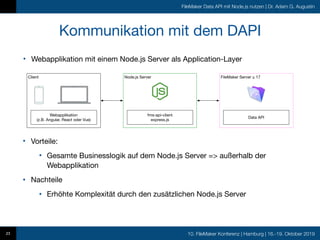 10. FileMaker Konferenz | Hamburg | 16.-19. Oktober 2019
FileMaker Data API mit Node.js nutzen | Dr. Adam G. Augustin
• Webapplikation mit einem Node.js Server als Application-Layer
Kommunikation mit dem DAPI
23
• Vorteile:

• Gesamte Businesslogik auf dem Node.js Server => außerhalb der
Webapplikation

• Nachteile

• Erhöhte Komplexität durch den zusätzlichen Node.js Server
Node.js Server FileMaker Server ≥ 17
fms-api-client
express.js
Client
Data API
Webapplikation
(z.B. Angular, React oder Vue)
 
