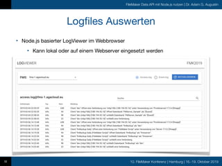 10. FileMaker Konferenz | Hamburg | 16.-19. Oktober 2019
FileMaker Data API mit Node.js nutzen | Dr. Adam G. Augustin
Logfiles Auswerten
32
• Node.js basierter LogViewer im Webbrowser

• Kann lokal oder auf einem Webserver eingesetzt werden
 
