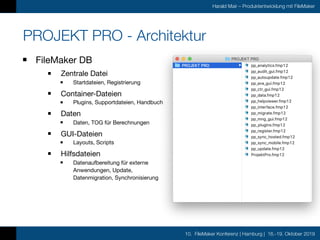 10. FileMaker Konferenz | Hamburg | 16.-19. Oktober 2019
Harald Mair – Produktentwicklung mit FileMaker
PROJEKT PRO - Arch...
