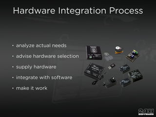 Hardware Integration Process
• analyze actual needs
• advise hardware selection
• supply hardware
• integrate with software
• make it work
 