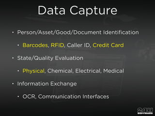 Data Capture
• Person/Asset/Good/Document Identiﬁcation
• Barcodes, RFID, Caller ID, Credit Card
• State/Quality Evaluation
• Physical, Chemical, Electrical, Medical
• Information Exchange
• OCR, Communication Interfaces
 