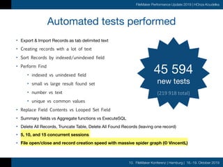 10. FileMaker Konferenz | Hamburg | 16.-19. Oktober 2019
FileMaker Performance Update 2019 | HOnza Koudelka
Automated tests performed
• Export & Import Records as tab delimited text

• Creating records with a lot of text
• Sort Records by indexed/unindexed field
• Perform Find
• indexed vs unindexed field
• small vs large result found set
• number vs text
• unique vs common values
• Replace Field Contents vs Looped Set Field
• Summary fields vs Aggregate functions vs ExecuteSQL

• Delete All Records, Truncate Table, Delete All Found Records (leaving one record)

• 5, 10, and 15 concurrent sessions
• File open/close and record creation speed with massive spider graph (© VincentL)
45 594

new tests
(219	918	total)
 