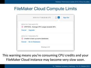 10. FileMaker Konferenz | Hamburg | 16.-19. Oktober 2019
FileMaker Performance Update 2019 | HOnza Koudelka
FileMaker Cloud Compute Limits
This	warning	means	you’re	consuming	CPU	credits	and	your	
FileMaker	Cloud	instance	may	become	very	slow	soon.
 
