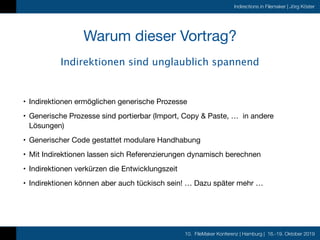 10. FileMaker Konferenz | Hamburg | 16.-19. Oktober 2019
Indirections in Filemaker | Jörg Köster
Warum dieser Vortrag?
Ind...