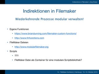 10. FileMaker Konferenz | Hamburg | 16.-19. Oktober 2019
Indirections in Filemaker | Jörg Köster
Indirektionen in Filemake...