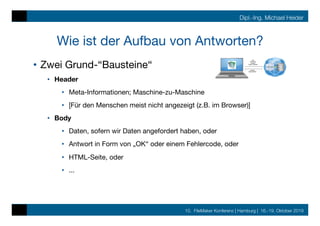 10. FileMaker Konferenz | Hamburg | 16.-19. Oktober 2019
Dipl.-Ing. Michael Heider
Wie ist der Aufbau von Antworten?
•  Zwei Grund-“Bausteine“
•  Header
•  Meta-Informationen; Maschine-zu-Maschine
•  [Für den Menschen meist nicht angezeigt (z.B. im Browser)]
•  Body
•  Daten, sofern wir Daten angefordert haben, oder
•  Antwort in Form von „OK“ oder einem Fehlercode, oder
•  HTML-Seite, oder
•  ...
 