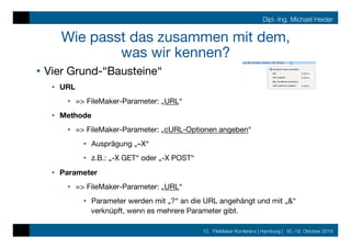 10. FileMaker Konferenz | Hamburg | 16.-19. Oktober 2019
Dipl.-Ing. Michael Heider
Wie passt das zusammen mit dem,  
was wir kennen?
•  Vier Grund-“Bausteine“
•  URL
•  => FileMaker-Parameter: „URL“
•  Methode
•  => FileMaker-Parameter: „cURL-Optionen angeben“
•  Ausprägung „–X“
•  z.B.: „-X GET“ oder „-X POST“
•  Parameter
•  => FileMaker-Parameter: „URL“ 
•  Parameter werden mit „?“ an die URL angehängt und mit „&“
verknüpft, wenn es mehrere Parameter gibt.
 