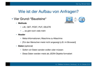 10. FileMaker Konferenz | Hamburg | 16.-19. Oktober 2019
Dipl.-Ing. Michael Heider
Wie ist der Aufbau von Anfragen?
•  Vier Grund-“Bausteine“
•  Methode
•  z.B.: GET, POST, PUT, DELETE
•  ... es gibt noch viele mehr
•  Header
•  Meta-Informationen; Maschine-zu-Maschine
•  [Für den Menschen meist nicht angezeigt (z.B. im Browser)]
•  Daten (optional)
•  Sofern wir Daten senden wollen oder müssen
•  Diese Daten werden meist als JSON-Objekte formatiert
 