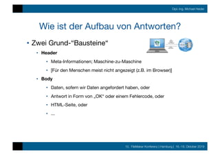 10. FileMaker Konferenz | Hamburg | 16.-19. Oktober 2019
Dipl.-Ing. Michael Heider
Wie ist der Aufbau von Antworten?
•  Zwei Grund-“Bausteine“
•  Header
•  Meta-Informationen; Maschine-zu-Maschine
•  [Für den Menschen meist nicht angezeigt (z.B. im Browser)]
•  Body
•  Daten, sofern wir Daten angefordert haben, oder
•  Antwort in Form von „OK“ oder einem Fehlercode, oder
•  HTML-Seite, oder
•  ...
 