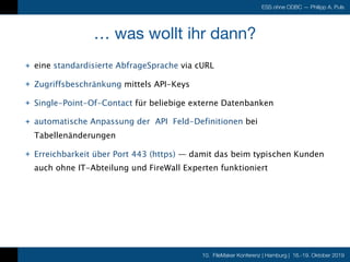 10. FileMaker Konferenz | Hamburg | 16.-19. Oktober 2019
ESS ohne ODBC — Philipp A. Puls
… was wollt ihr dann?
+ eine stan...