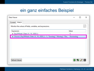 FileMaker Konferenz | Hamburg | 22.-24. Juni 2022
Custom Functions für Einsteiger – Thomas Hirt
ein ganz einfaches Beispiel
 