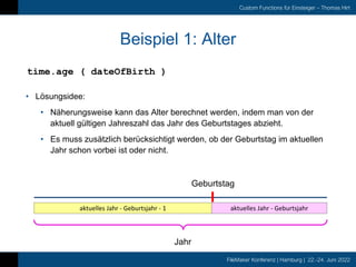 FileMaker Konferenz | Hamburg | 22.-24. Juni 2022
Custom Functions für Einsteiger – Thomas Hirt
Beispiel 1: Alter
• Lösungsidee:
• Näherungsweise kann das Alter berechnet werden, indem man von der
aktuell gültigen Jahreszahl das Jahr des Geburtstages abzieht.
• Es muss zusätzlich berücksichtigt werden, ob der Geburtstag im aktuellen
Jahr schon vorbei ist oder nicht.
time.age ( dateOfBirth )
Jahr
Geburtstag
aktuelles Jahr - Geburtsjahr
aktuelles Jahr - Geburtsjahr - 1
 
