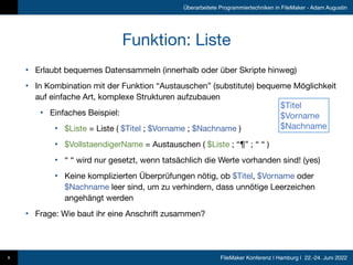 FileMaker Konferenz | Hamburg | 22.-24. Juni 2022
Überarbeitete Programmiertechniken in FileMaker - Adam Augustin
Funktion...