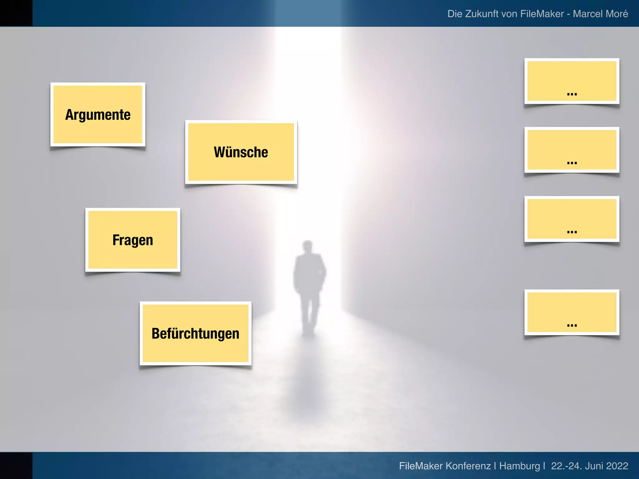 FileMaker Konferenz | Hamburg | 22.-24. Juni 2022
Die Zukunft von FileMaker - Marcel Moré
Argumente
Fragen
Wünsche
...
...
...
...
Befürchtungen
 