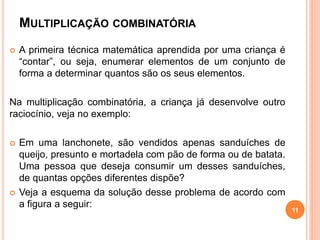 MULTIPLICAÇÃO COMBINATÓRIA 
 A primeira técnica matemática aprendida por uma criança é 
“contar”, ou seja, enumerar elementos de um conjunto de 
forma a determinar quantos são os seus elementos. 
Na multiplicação combinatória, a criança já desenvolve outro 
raciocínio, veja no exemplo: 
 Em uma lanchonete, são vendidos apenas sanduíches de 
queijo, presunto e mortadela com pão de forma ou de batata. 
Uma pessoa que deseja consumir um desses sanduíches, 
de quantas opções diferentes dispõe? 
 Veja a esquema da solução desse problema de acordo com 
a figura a seguir: 
11 
 