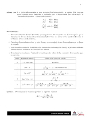 primer caso Si el grado del numerador es igual o mayor al del denominador, la fracción debe reducirse
a una expresión mixta dividiendo el numerador para el denominador. Para ello se aplica el
Teorema de la división (Prueba de la división):
P(x)
D(x)
→
P(x)
R(x)
·
D(x)
Q(x)
P(x)
D(x)
= Q(x) +
R(x)
D(x)
Procedimiento
1. Analizar la Fracción Parcial: Se verica que el polinomio del numerador sea de menor grado que el
denominador. En caso de no serlo se transforma la fracción a una forma mixta, usando el Teorema de
la División (Prueba de la división).
2. Factorizar el denominador si no lo está. Siempre es conveniente tener el denominador en su forma
factorizada.
3. Determinar las constantes. Dependiendo del sistema de ecuaciones que se obtenga se procede a resolverlo
para determinar el valor de las constantes del sistema.
4. Reemplazar las constantes. Finalmente se sustituyen los valores de las constantes determinadas para
la expresión.
Factor Forma del Factor Forma de la Fracción Parcial
0 A = constante No existe
1 (ax + b)
A
ax + b
→ Cte. A a determinarse.
1 (ax + b)n A
ax + b
+
B
(ax + b)2
+
C
(ax + b)3
+ . . .
2 (ax2 + bx + c)
Ax + B
ax2 + bx + c
2 (ax2 + bx + c)n Ax + B
ax2 + bx + c
+
Cx + D
(ax2 + bx + c)2
+
Ex + F
(ax2 + bx + c)3
+ . . .
Ejemplo. Descomponer en fracciones parciales la expresión racional:
R(x) =
x2 + 2x − 1
2x3 + 3x2 − 2x
6
 