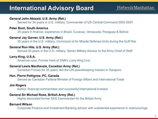 International Advisory Board
General John Abizaid, U.S. Army (Ret.)
Served for 34 years in U.S. military; Commander of US Central Command 2003-2007
Peter Boot, South America
25 years in finance; experience in Brazil, Curacao, Venezuela, Paraguay & Bolivia
General Jay Garner, U.S. Army (Ret.)
35 years in the U.S. military; Command of Air Missile Defense Units during the Gulf War
General Ron Hite, U.S. Army (Ret.)
Served 33 years in the U.S. military; Senior Military Advisor to the Army Chief of Staff
Larry King, U.S.A.
American icon; Former Host of CNN’s Larry King Live
General Lewis MacKenzie, Canadian Army (Ret.)
Canadian Forces for 35 years; led the UN peacekeeping mission in Sarajevo
Hon. Pierre Pettigrew, PC, Canada
Served as Canadian Federal Minister of Foreign Affairs and International Trade
Jim Rogers
Author, financial commentator and successful international investor.
General Sir Michael Rose, British Army (Ret.)
Highly decorated former SAS Commander for the British Army
Bernard Wilson
Corporate Finance and Investment Banking advisor with substantial experience in restructurings
6
 