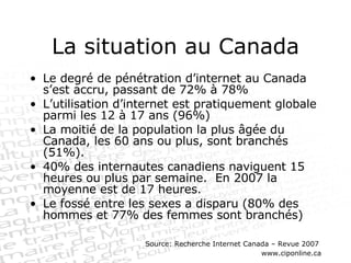 Le degré de pénétration d’internet au Canada s’est accru, passant de 72% à 78% L’utilisation d’internet est pratiquement globale parmi les 12 à 17 ans (96%) La moitié de la population la plus âgée du Canada, les 60 ans ou plus, sont branchés (51%). 40% des internautes canadiens naviguent 15 heures ou plus par semaine.  En 2007 la moyenne est de 17 heures. Le fossé entre les sexes a disparu (80% des hommes et 77% des femmes sont branchés) Source: Recherche Internet Canada – Revue 2007  www.ciponline.ca La situation au Canada 