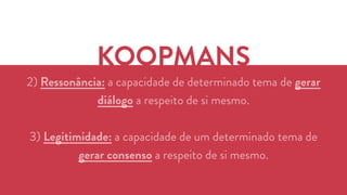 KOOPMANS 
2) Ressonância: a capacidade de determinado tema de gerar 
diálogo a respeito de si mesmo. 
3) Legitimidade: a capacidade de um determinado tema de 
gerar consenso a respeito de si mesmo. 
 
