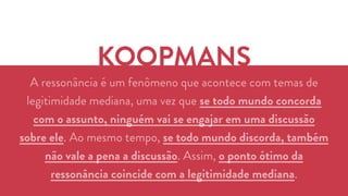 KOOPMANS 
A ressonância é um fenômeno que acontece com temas de 
legitimidade mediana, uma vez que se todo mundo concorda 
com o assunto, ninguém vai se engajar em uma discussão 
sobre ele. Ao mesmo tempo, se todo mundo discorda, também 
não vale a pena a discussão. Assim, o ponto ótimo da 
ressonância coincide com a legitimidade mediana. 
 