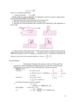 17
Solved Problems:
1. The diameter of a pipe at the section 1 and 2 are 10cm and 15cm
respectively. Find the discharge through the pipe if the velocity of water flowing
through the pipe at section1 is 5m/s. Determine the velocity at section 2.
 