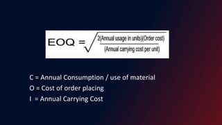 C = Annual Consumption / use of material
O = Cost of order placing
I = Annual Carrying Cost
 