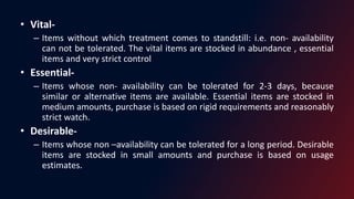 • Vital-
– Items without which treatment comes to standstill: i.e. non- availability
can not be tolerated. The vital items are stocked in abundance , essential
items and very strict control
• Essential-
– Items whose non- availability can be tolerated for 2-3 days, because
similar or alternative items are available. Essential items are stocked in
medium amounts, purchase is based on rigid requirements and reasonably
strict watch.
• Desirable-
– Items whose non –availability can be tolerated for a long period. Desirable
items are stocked in small amounts and purchase is based on usage
estimates.
 