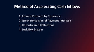 Method of Accelerating Cash Inflows
1. Prompt Payment by Customers
2. Quick conversion of Payment into cash
3. Decentralized Collections
4. Lock Box System
 