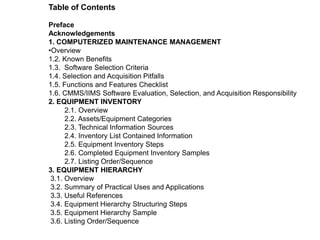 Table of Contents

Preface
Acknowledgements
1. COMPUTERIZED MAINTENANCE MANAGEMENT
•Overview
1.2. Known Benefits
1.3. Software Selection Criteria
1.4. Selection and Acquisition Pitfalls
1.5. Functions and Features Checklist
1.6. CMMS/IIMS Software Evaluation, Selection, and Acquisition Responsibility
2. EQUIPMENT INVENTORY
      2.1. Overview
      2.2. Assets/Equipment Categories
      2.3. Technical Information Sources
      2.4. Inventory List Contained Information
      2.5. Equipment Inventory Steps
      2.6. Completed Equipment Inventory Samples
      2.7. Listing Order/Sequence
3. EQUIPMENT HIERARCHY
 3.1. Overview
 3.2. Summary of Practical Uses and Applications
 3.3. Useful References
 3.4. Equipment Hierarchy Structuring Steps
 3.5. Equipment Hierarchy Sample
 3.6. Listing Order/Sequence
 